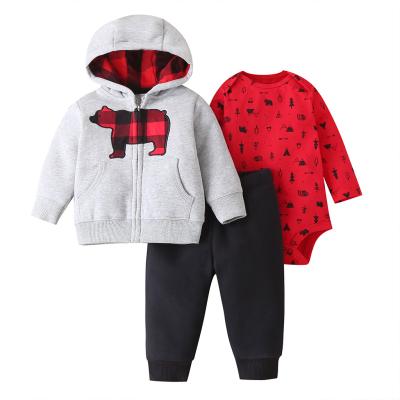 China Anti-static hot sale boy style baby cool cartoon printed matching cotton knitted rompers 3pcs clothing set for sale