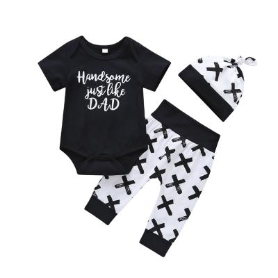 China OEM Breathable Black Short Sleeve Letter Printed Snap Button Rompers 2pcs Summer Baby Clothes Set With Hat for sale