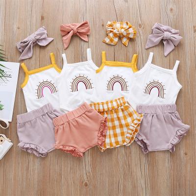 China New Summer Anti-wrinkle Baby Suspenders Khaki Plaid Shorts Three-Piece Baby Pants Set Fashion Baby Clothes for sale