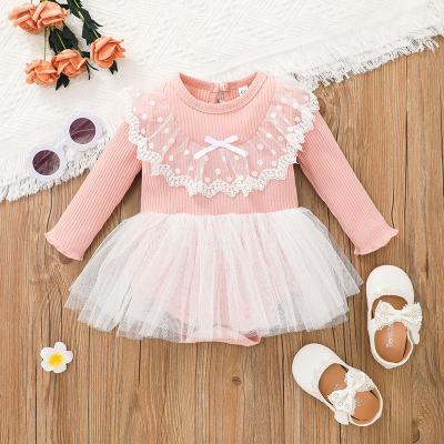 China New Baby Dress Suit 2021 Beautiful Comfy Newborn White Lace Gauze Baby Dress Long Sleeve Overalls for sale