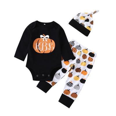 China Hot Selling Cotton Children's Clothing Halloween Pumpkin Letter Printed Hat Pants Hat Set Of Three for sale