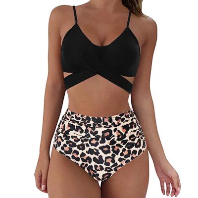 China Wholesale High Quality Breathable Cross Leopard Printing Summer High Waist Split Bikini Women Two Piece Swimsuit for sale