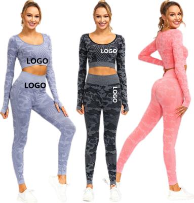 China 2021 Breathable New Logo Womens Custom Fitness And Yoga Wear Seamless Set Camouflage Long Sleeve Yoga Top Two Piece Leggings Sets for sale