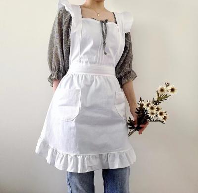 China White Cotton Embroidered Drink/Food MYGO LOGO Maid Cooking Apron Decorative Lace Up Two Pockets Waitress Adult Sexy Aprons for sale