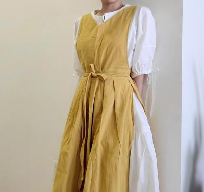 China MYGO Retro 100% Cotton Green Pink Yellow Waist V Neck Long Belt Lapel Opening Kitchen Cleaning Apron For Women for sale