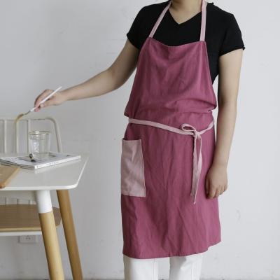 China MYGO Popular Recycled Organic Drink/Food Cotton Purple Dyed Long Belt Pockets Women Bib Bartender Apron Color Matching for sale