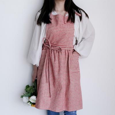 China MYGO Popular Recycled Canvas Cotton Apron Cleaning Stripes Dyed 100% Cotton Kitchen Two Pockets Women Aprons for sale