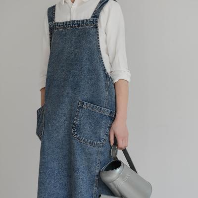 China Tidy / Storage MYGO Customized Cross Logo Vintage Apron Two Pockets Strap Jean Aprons Fashion Cotton Light Gray Denim for sale