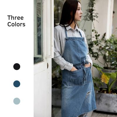 China MYGO Drink/Food Fashion Washed Blue Cotton Alloy Adjustable Buckle Long Serving Pockets Jean Apron For Coffee Bar for sale