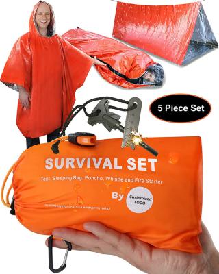 China Waterpoof / Keep Warm and Roll Up / Rising Emergency Survival Tent Shelter with Sleeping Bag, Poncho, Whistle and Fire Starter (5 Piece Set) for sale