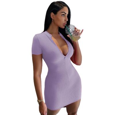 China Breathable Summer Zipper Dress Bodycon Sleeve Shorts Solid Color Women Slim Casual Outfits for sale