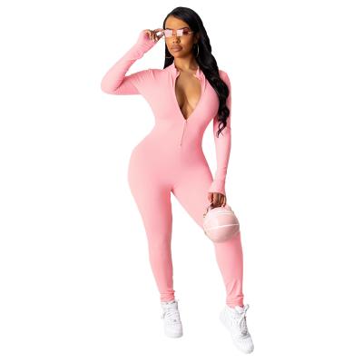 China Breathable Open V Neck One Piece Romper Long Sleeve Bodycon Fitted Overalls 2022 For Women for sale