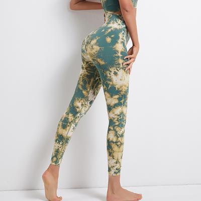 China Seamless Workable Yoga Leggings Women Tie Dye Printed High-waisted Hip Lift Fitness Running Pants Large Size Tightly for sale