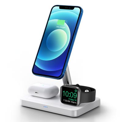 China Newest Arrival Mobile Phone/Watch/Earbuds Amazon 2021 3in1 With Stand Magnet Phone Magnet Wireless Charger 15W Mobile Wireless Charger for sale