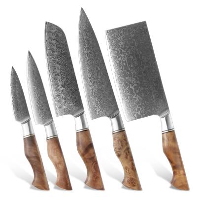 China Viable Daily Wooden 67Layers Damascus Handle Chef's Knives Cutting Knife Sets Japanese Steel Kitchen Knife Set 5Pces for sale