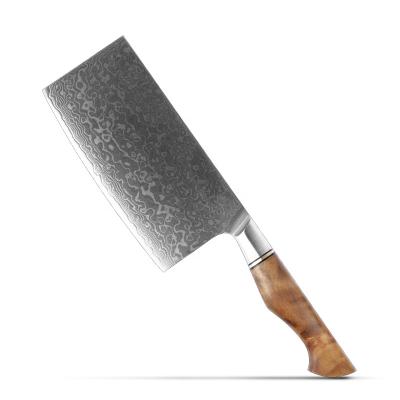 China Viable Professional Kitchen Tools 7 Inch Damascus Style Stainless Steel Household Cleaver Knife With Sycamore Figure Wood for sale