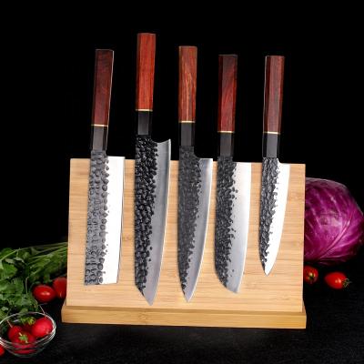 China Custom Wood Forged Stainless Steel Hammer 5pcs 5Cr15 Steel Nakiri Knife Santok Chef Kiritsuke Knives Kitchen Knife Set for sale