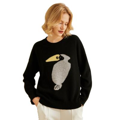 China Breathable Winter Round Neck Yarn-Dyed Bird Embroidery Round Neck Ladies Knitted Sweater for sale