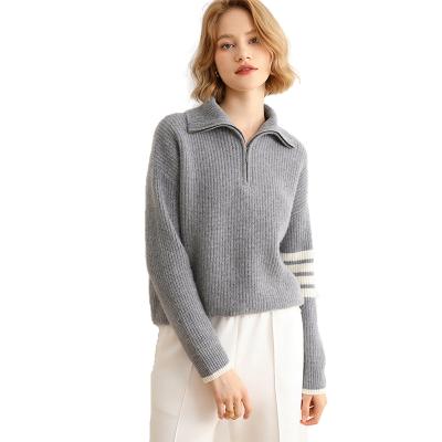 China 2022 Latest Style Breathable Plain Color Sleeve Zipper Sports Ladies Striped Cashmere Sweater for sale