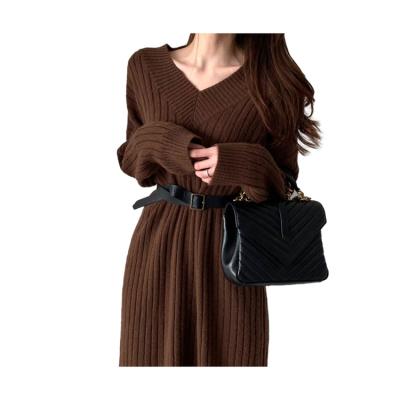 China Breathable Chinese High Quality V Neck Dress Factory Factory Long Section Woolen Knit Dress For Woman for sale