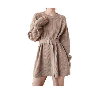 China Modern Breathable Hot Sale Pullover Sweater Belt Loose Waist Long Balancing Knitted Dress For Women for sale