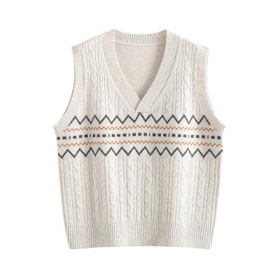 China Breathable V-Neck Knitted Casual Wavy Lines Solid Color Twist Sweater Sleeveless Women Vest for sale