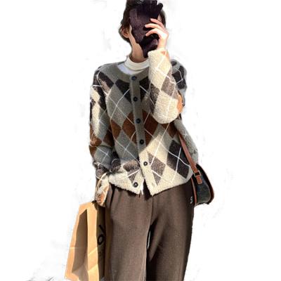 China New Fashion Breathable Women Grid Pattern Longsleeve Knitted Crew Neck Button Knit Cardigan for sale