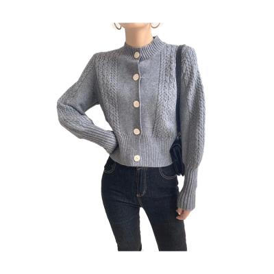 China Breathable Custom Long Sleeves Chunky V-Neck Button Open Sweater Ladies Knit Cardigan With Lantern Sleeves for sale