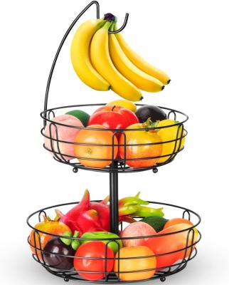 China Hot Sale Sustainable 2 Tier Fruit Basket Bowl with Banana Hanger for Kitchen Countertop Fruit Vegetable Storage Rack Detachable Display for sale