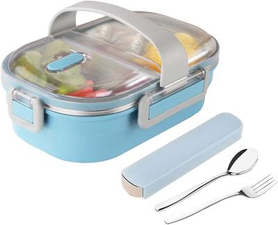 China Hot Selling Freshness Keeping Stainless Steel Sandwich School Utensils 2 Compartment Bento Lunch Box With School Utensils 2 Compartment Leak Proof Portable Lunch Container for sale