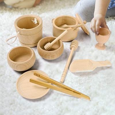 China Montessori FTK12Amazon Educational Sensory Trash Play Tools Wooden Bowls and Scoops Set Wooden Waldorf Sensory Table Toys Montessori Sensory Trash Can Tools for sale