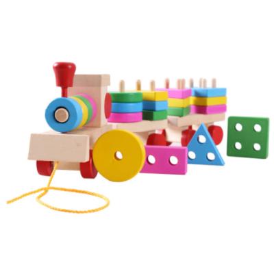 China Eco-Friendly Non-Toxic Wholesale Wooden Stacking Toys Geometric Shape Kids Toys Educational Wooden Blocks Building Mini Wooden Toy Train Set for sale