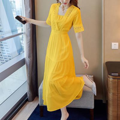 China Breathable Slim Round Collar Knee Length Formal Dress Women Elegant Lady Midi Lace Dress For Work Wear for sale