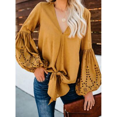 China Fashion Design Lady Long Sleeve Chunky Linen Women Causal V Neck Tops Viable Blouses for sale