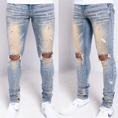 China Breathable Wholesale Custom Retro Wash Paint Splatter Knees Ripped Skinny Mens Jeans for sale