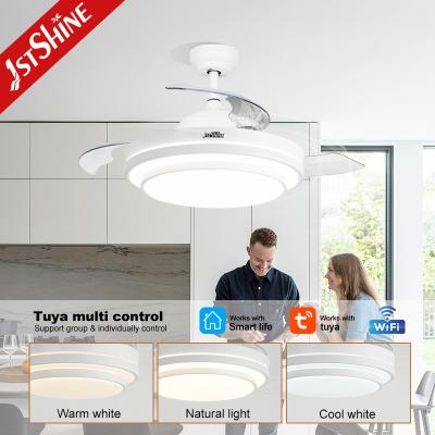 China Bedroom Retractable Ceiling Fan With Light 3 Color Dimmable LED Light Remote Control for sale