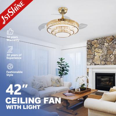 China 220V Crystal Retractable Ceiling Fan Light Dimmable Fandelier 3 Speed for sale