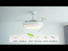 Bedroom Retractable Ceiling Fan With Light 3 Color Dimmable LED Light Remote Control