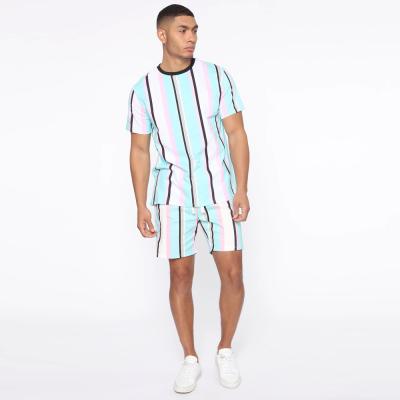 China Custom Made Stripe QUICK DRY Mens Summer Suit T-shirt and Drawstring Crewneck Shorts Men's Suit for sale