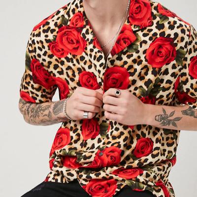 China Wholesale Leopard Print Mens Clothing Anti-Pilling Cuban Collar Shorts Sheaths Casual Buttons Front Mens Shirt for sale