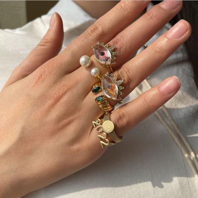 China Custom CLASSIC Adjustable Brass Gold Pearl Stainless Steel Ring Set Jewelry Women for sale