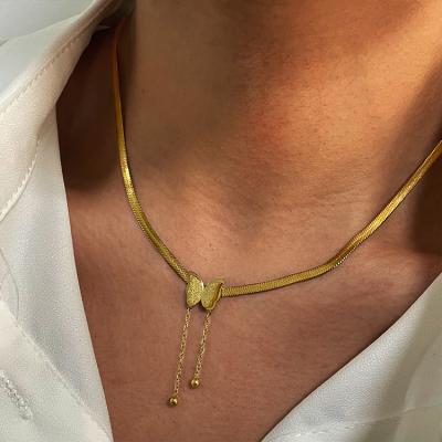 China Punk Butterfly 18k Gold Herringbone Stainless Steel Jewelry Tarnish Free Snack Necklace for sale