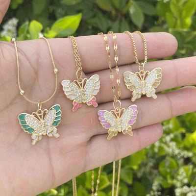 China 2022 New Styles Punk 14k Gold Plated Enamel Cuban Butterfly Crystal Necklaces for sale