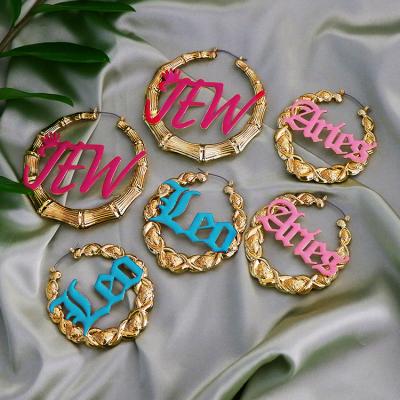 China Custom Name Bamboo Old English Font 12 Zodiac Sign XOXO Earrings Epoxy Gold Plated For Women for sale