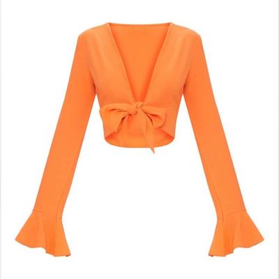 China Women Fashion Tangerine Front Tie Front Long Frill Sleeve Crop Tops Breathable Custom Made for sale