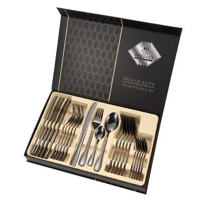 China Wsetern Viable Luxurious Dinnerware Sets 24pcs Knife Fork Spoon Black Plated Stainless Steel Cutlery For Party Gift Metal Flatware for sale