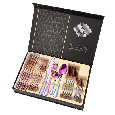 China Rainbow Gold Flatware 24pcs Stainless Steel Viable Luxury Cutlery Set Utensils Wedding Gifts Wholesale Manufacturers for sale