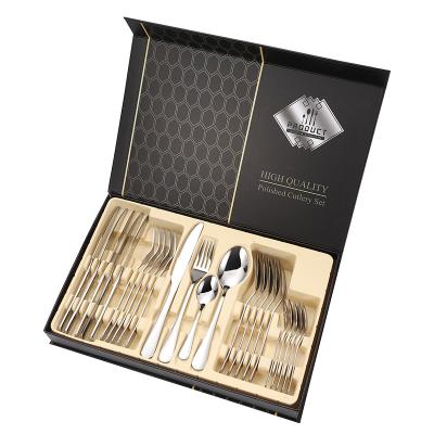 China Amazon Viable Hot Seller High Quality Cutlery Sets Spoon Fork Metal Knife With Gift Box 24pcs Silverware Stainless Steel Flatware for sale