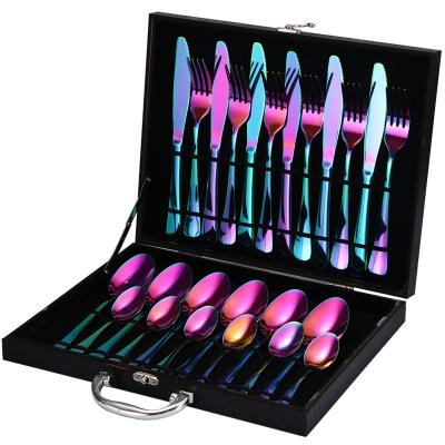 China Viable Colorful Rainbow Stainless Steel Cutlery Sets Plated Knife Fork Spoon Set Flatware 24PCS Set for sale