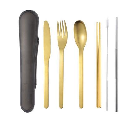 China Gold Viable Portable Cutlery Set For School Stainless Steel Knife Fork Spoon FlatwareSet Traveling Straw Chopsticks for sale